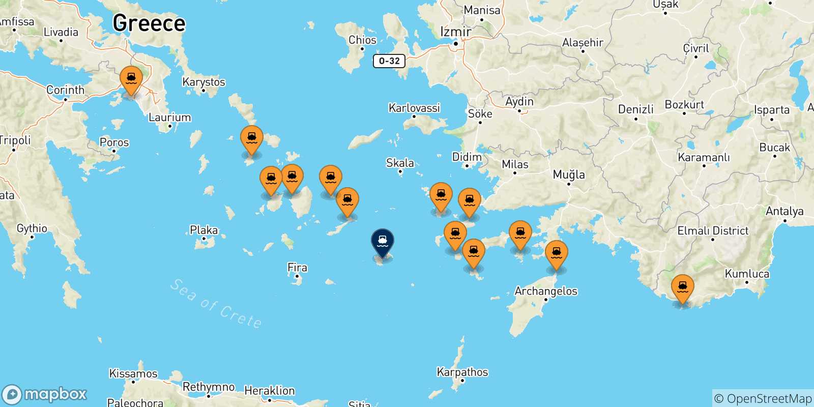 Mapa de las posibles rutas entre Grecia y  Astipalea
