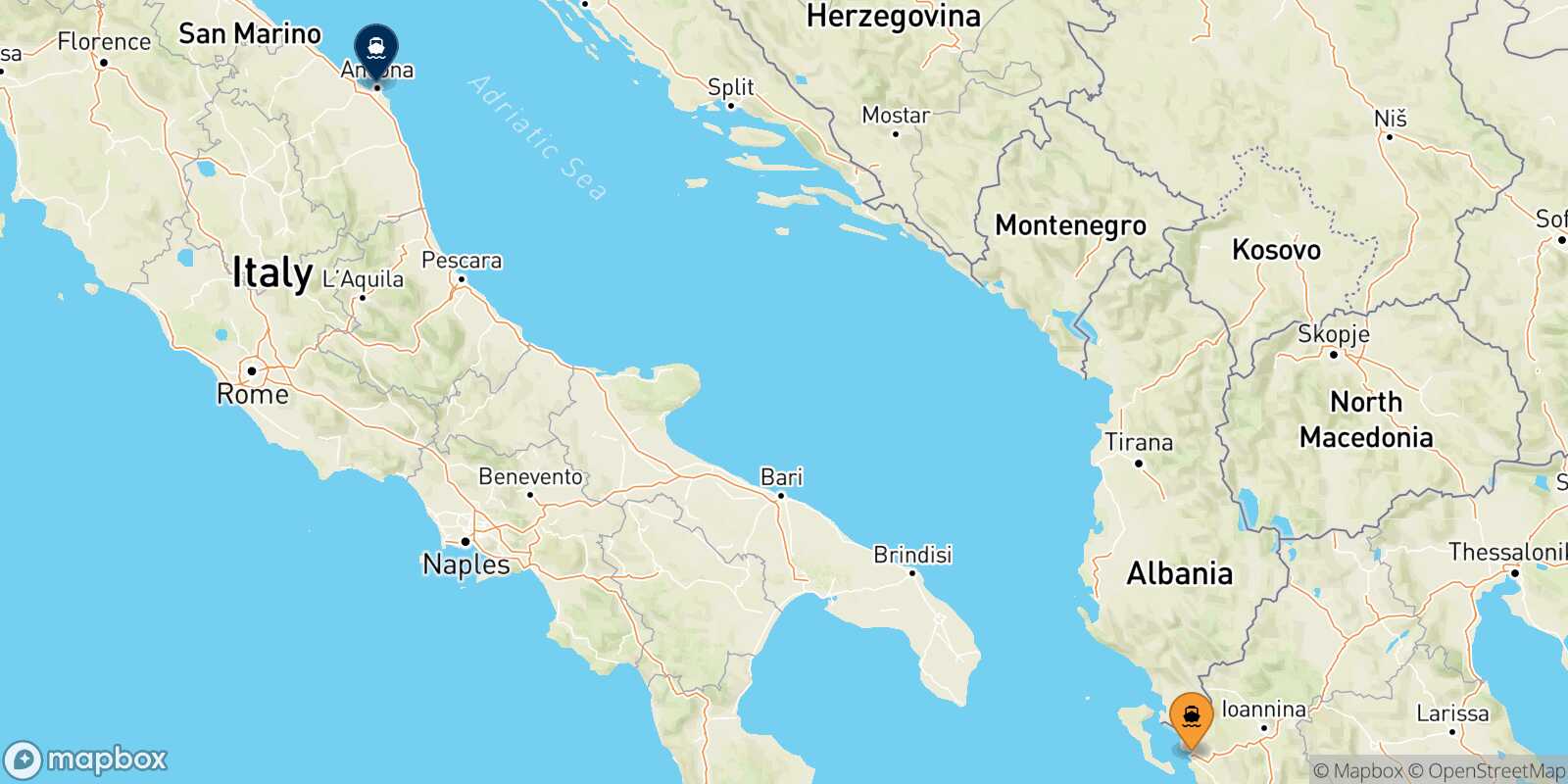 Mapa de la ruta Igoumenitsa Ancona