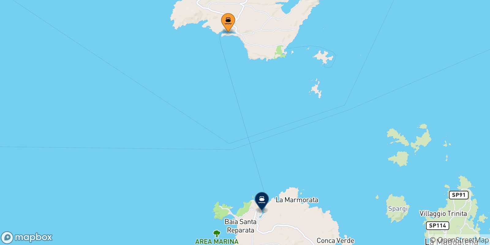 Mapa de las posibles rutas entre Bonifacio y  Italia