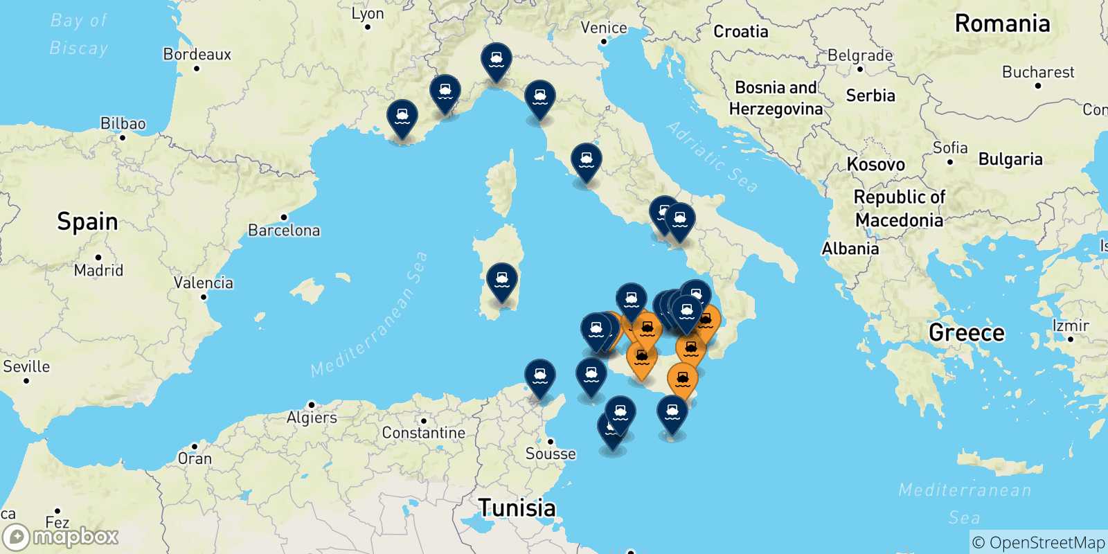 Mapa de los destinos alcanzables de Sicilia