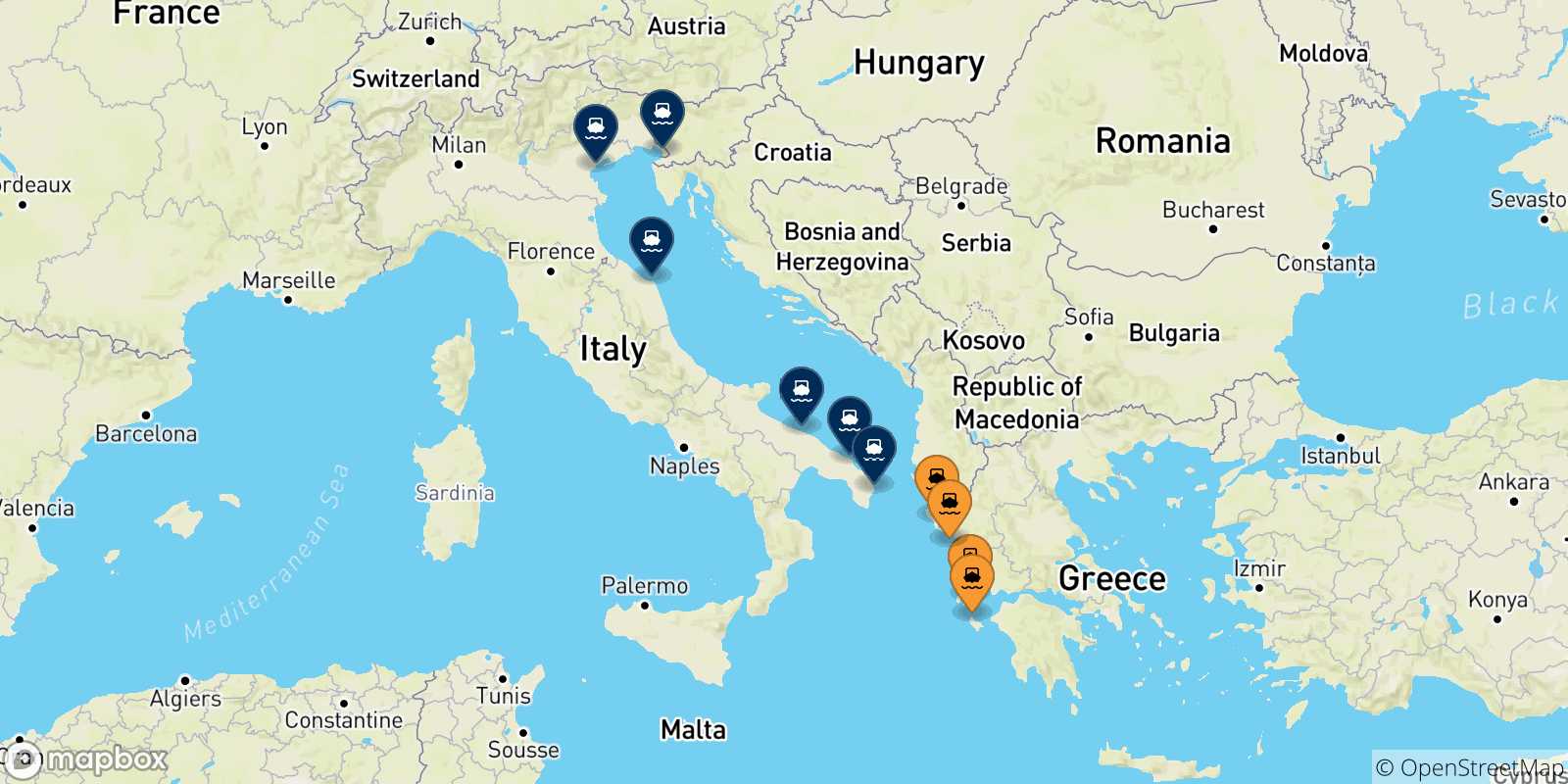 Mapa de las posibles rutas entre Islas Jonicas y  Italia
