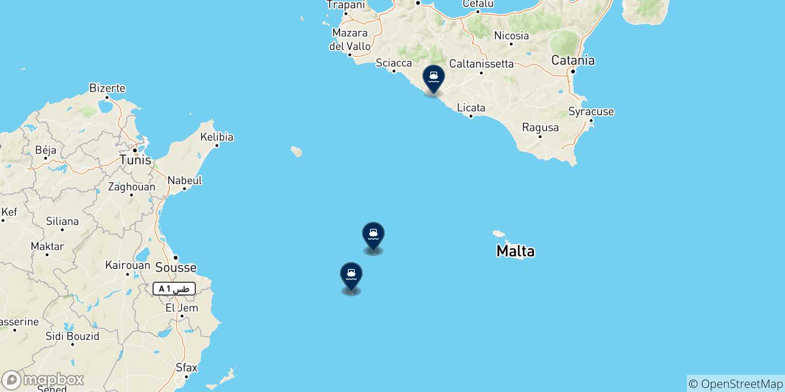 Mapa de los destinos alcanzables de Islas Pelagie
