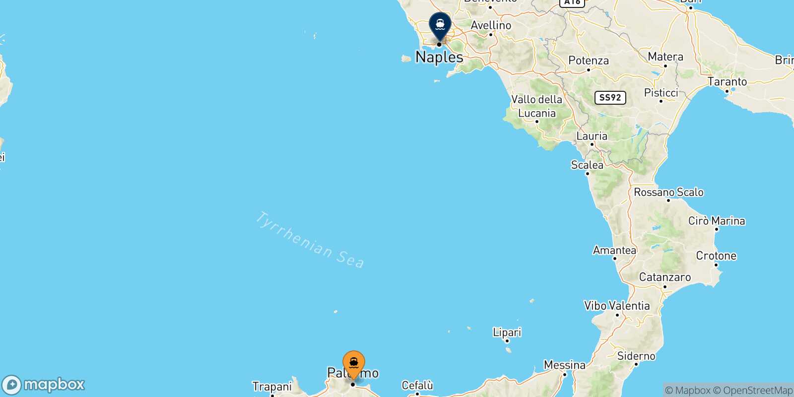 Mapa de la ruta Palermo Nápoles