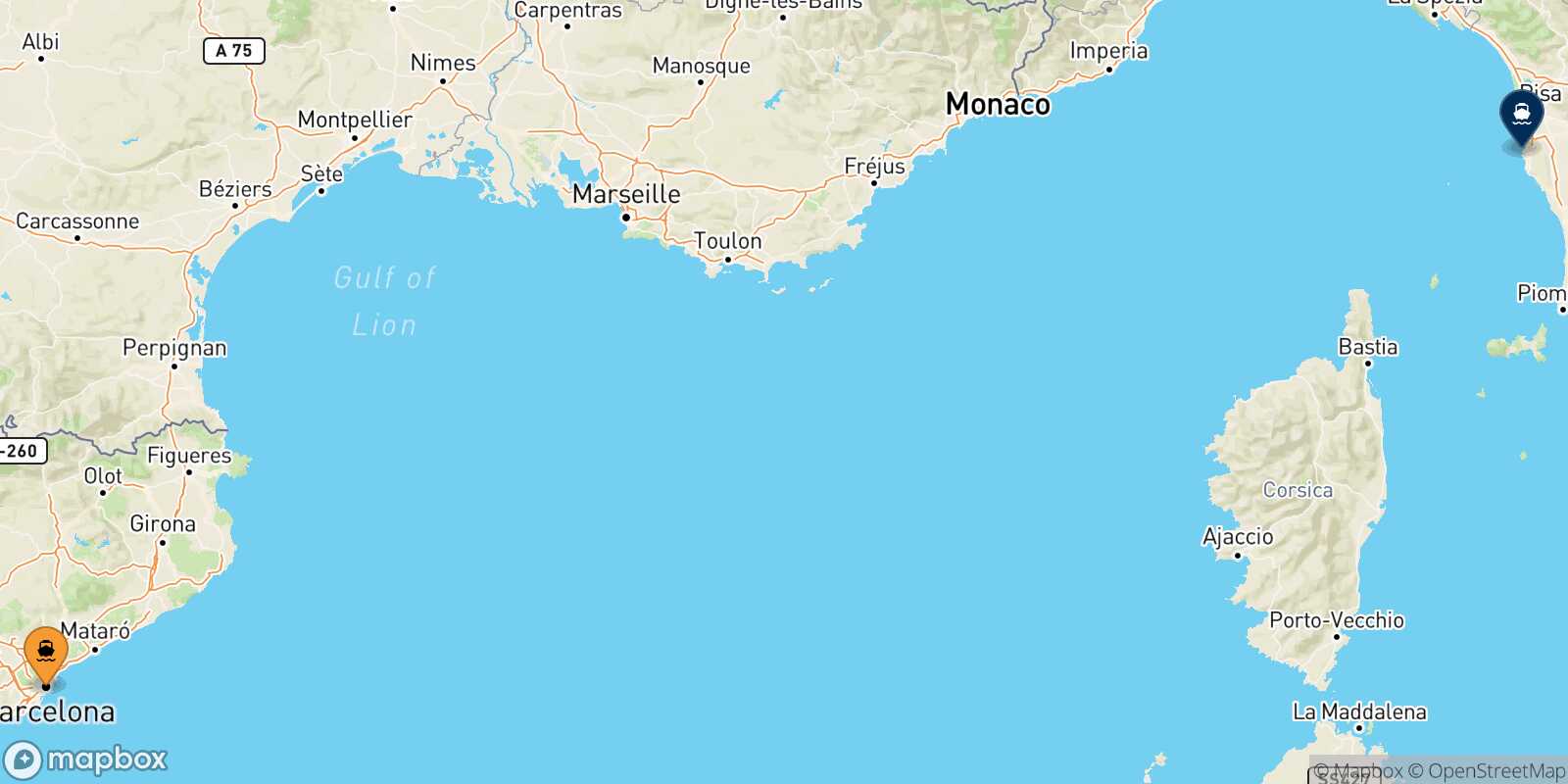 Mapa de los puertos conectados con  Livorno