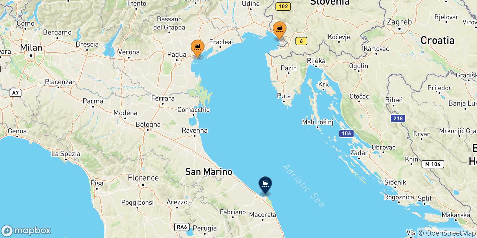 Mapa de las posibles rutas entre Italia y  Ancona