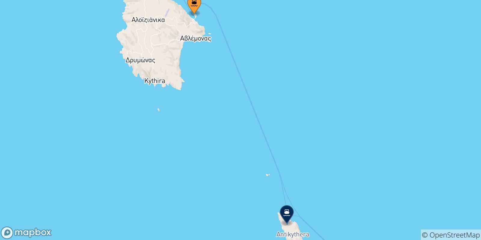 Mapa de las posibles rutas entre Kythira y  Islas Jonicas