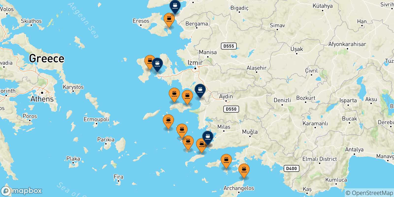 Mapa de los puertos conectados con  Turquía