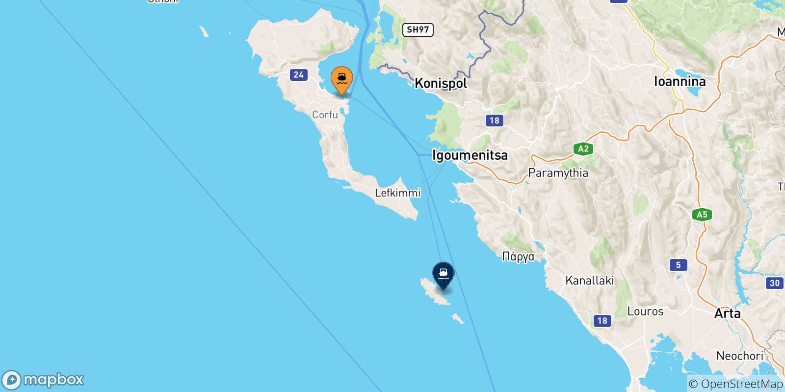 Mapa de las posibles rutas entre Corfu y  Islas Jonicas