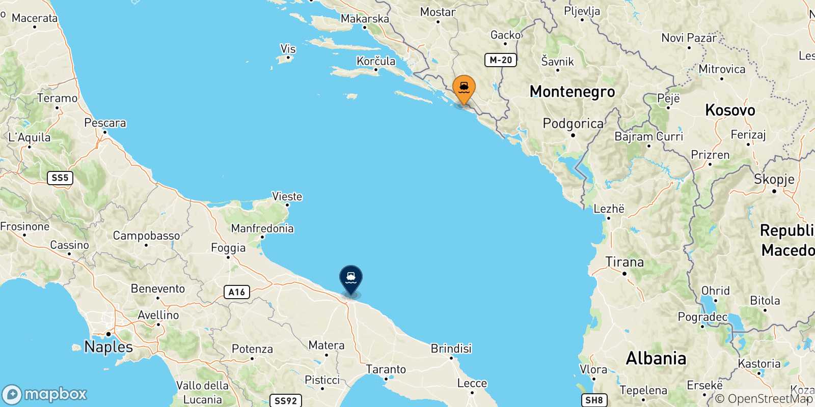Mapa de las posibles rutas entre Croacia y  Bari