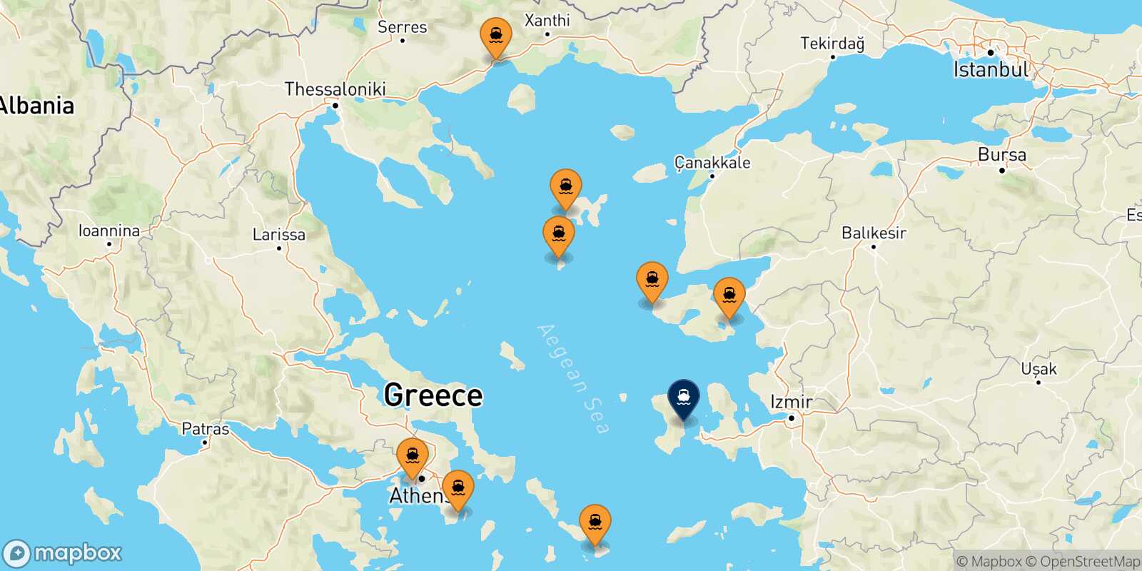 Mapa de los puertos conectados con  Mesta Chios