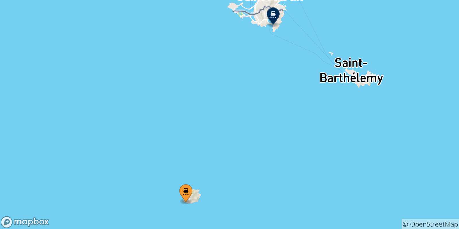Mapa de las posibles rutas entre Saba y  Caribe Neerlandés