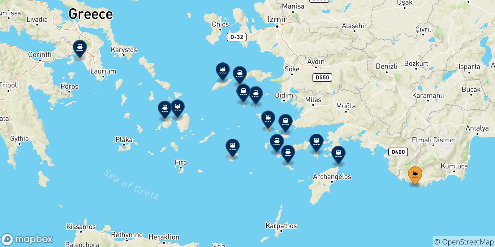 Mapa de las posibles rutas entre Kastelorizo y  Grecia