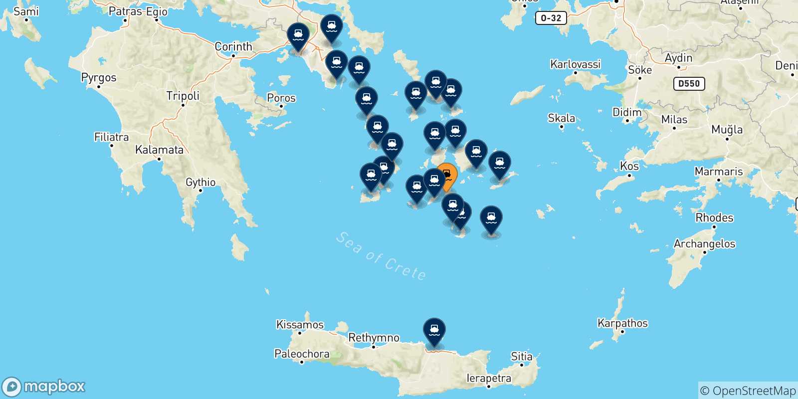 Mapa de las posibles rutas entre Ios y  Grecia