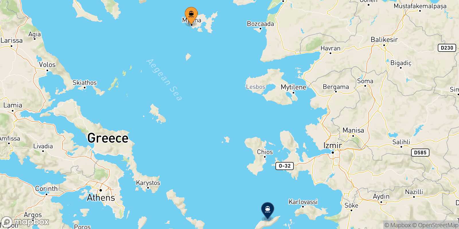 Mapa de la ruta Mirina (Limnos) Evdilos (Ikaria)