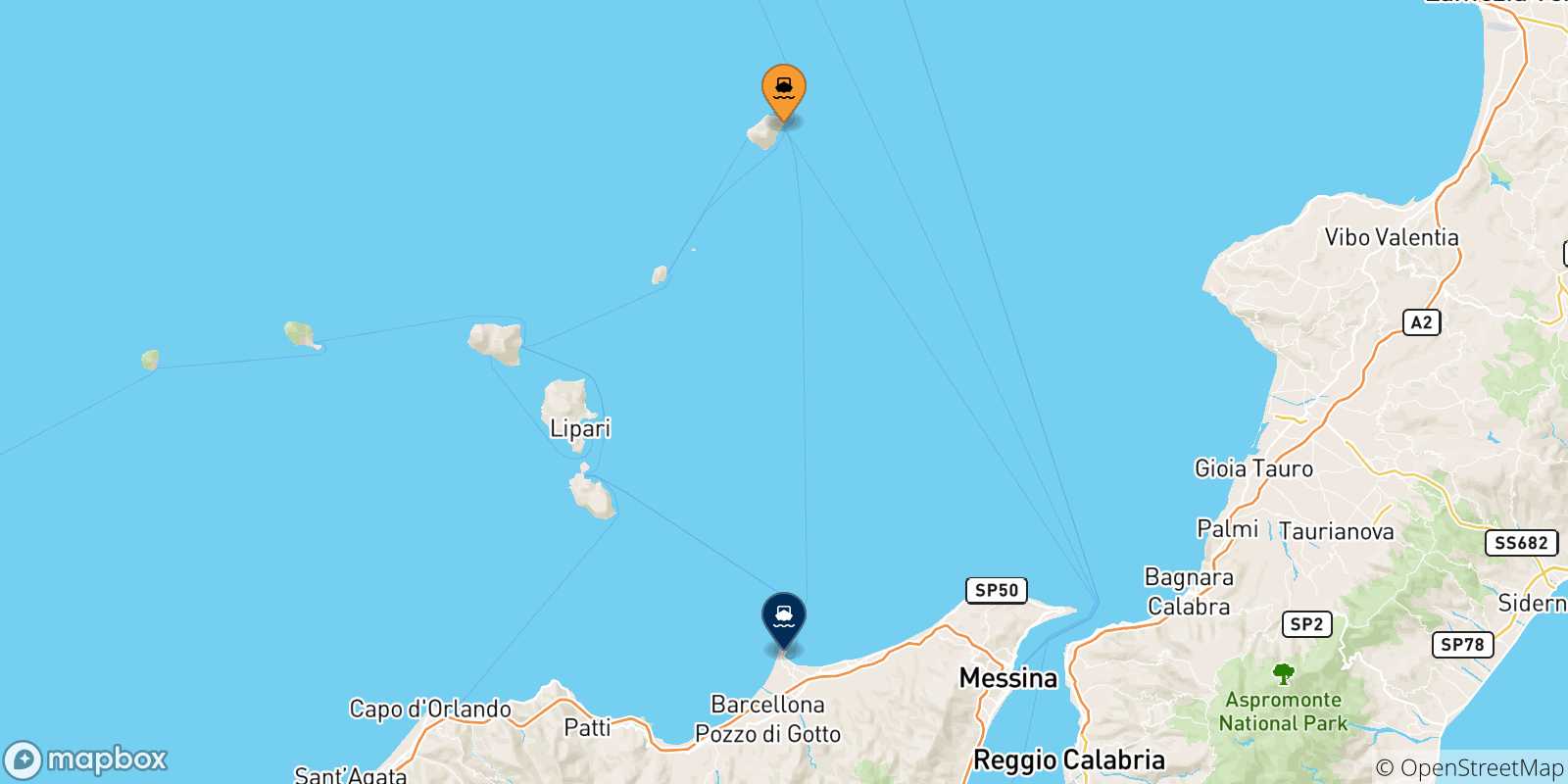 Mapa de las posibles rutas entre Stromboli y  Sicilia