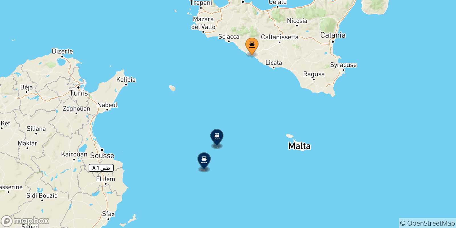 Mapa de las posibles rutas entre Italia y  Islas Pelagie
