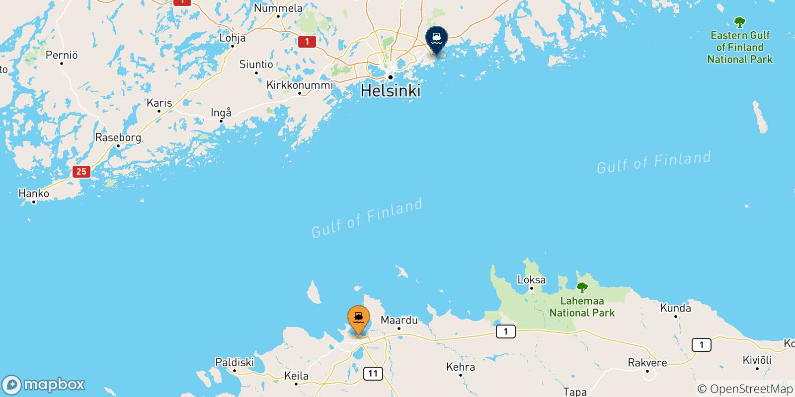 Mapa de las posibles rutas entre Estonia y  Helsinki