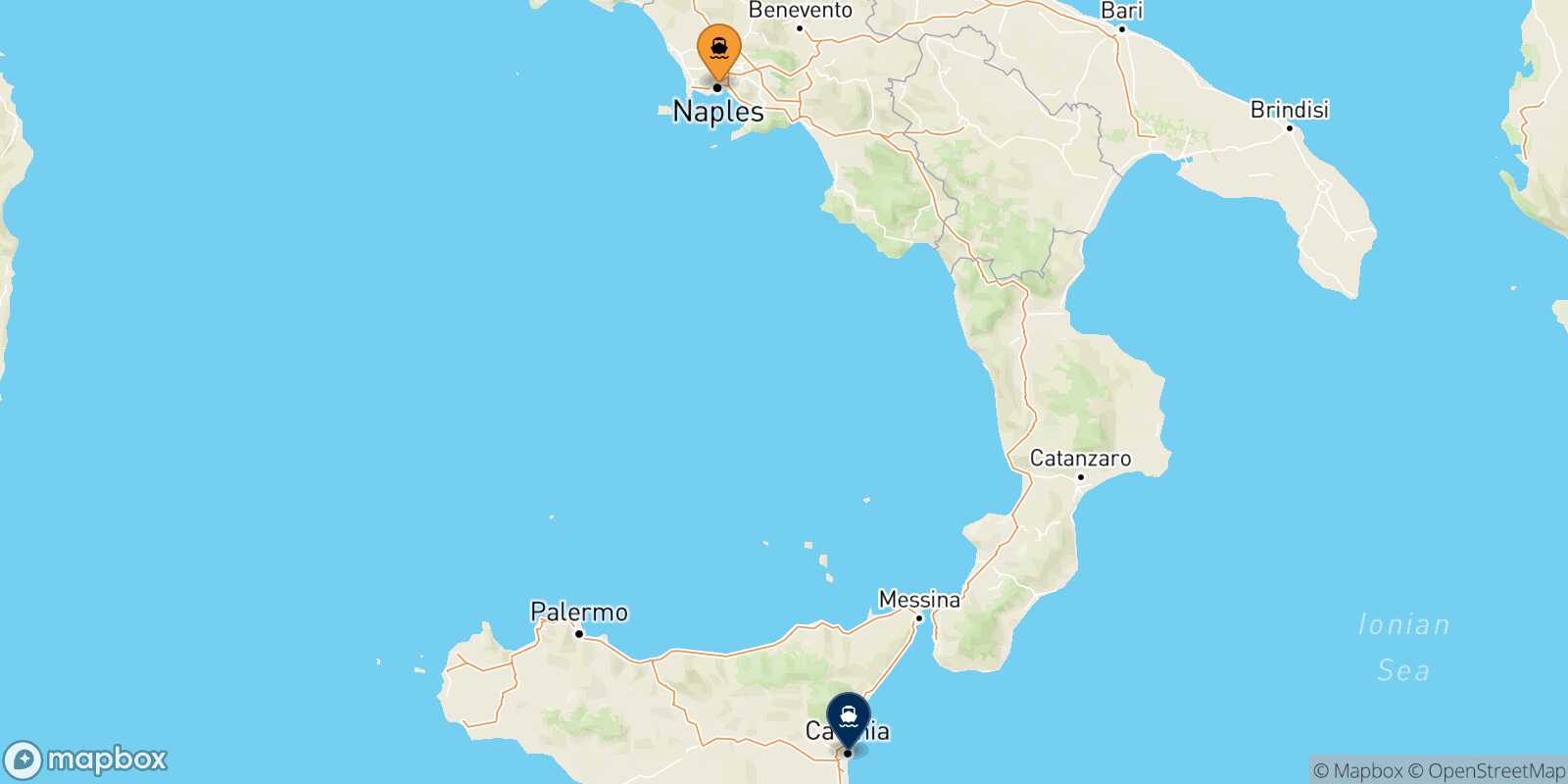 Mapa de la ruta Nápoles Catania
