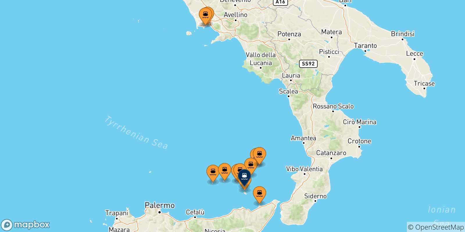 Mapa de las posibles rutas entre Italia y  Lipari