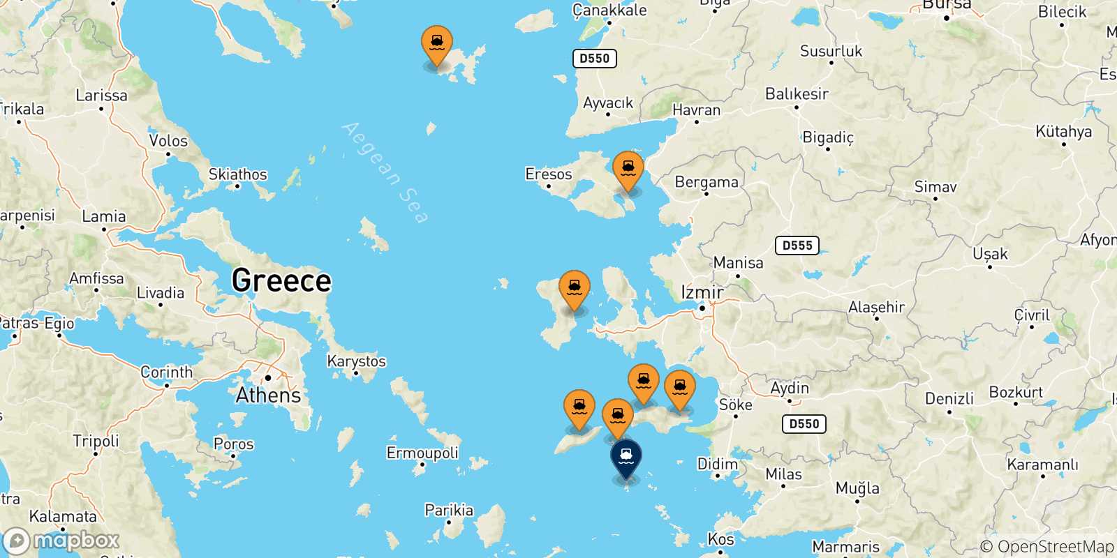 Mapa de las posibles rutas entre Islas Del Egeo y  Patmos