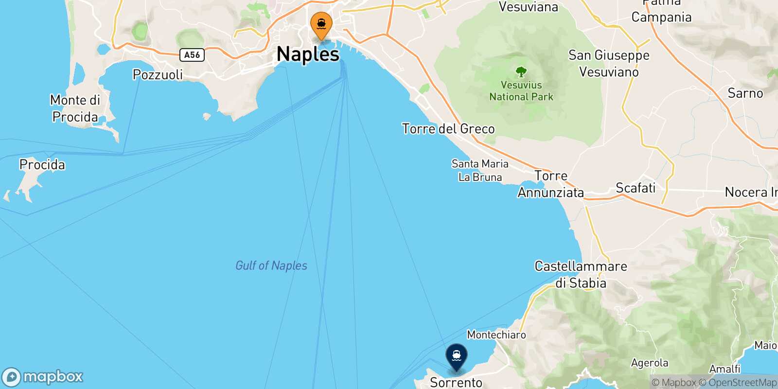Mapa de la ruta Nápoles Beverello Sorrento