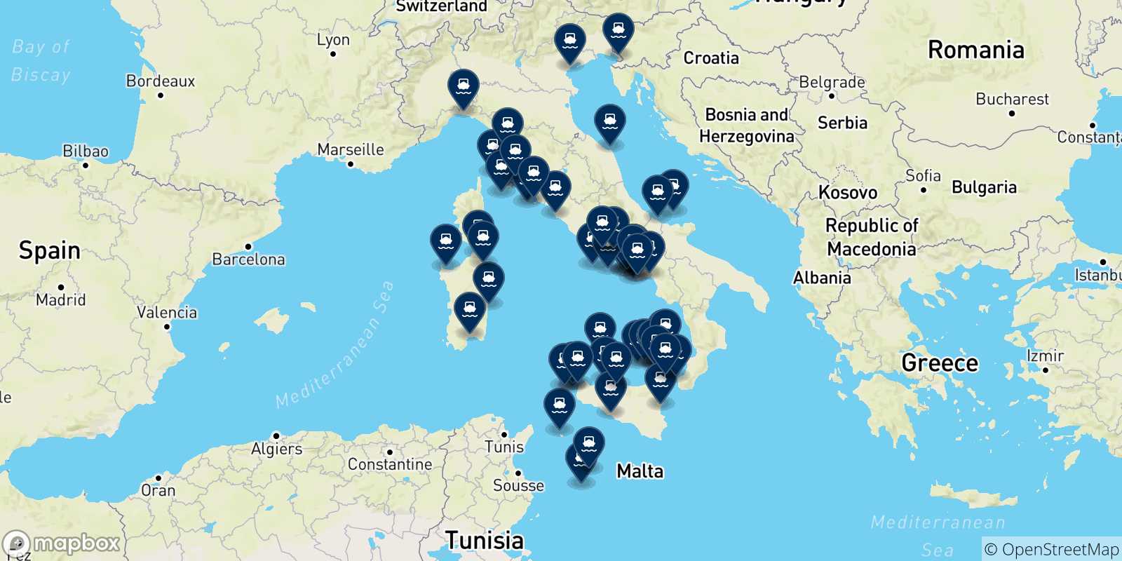 Mapa de las posibles rutas entre Italia y  Italia