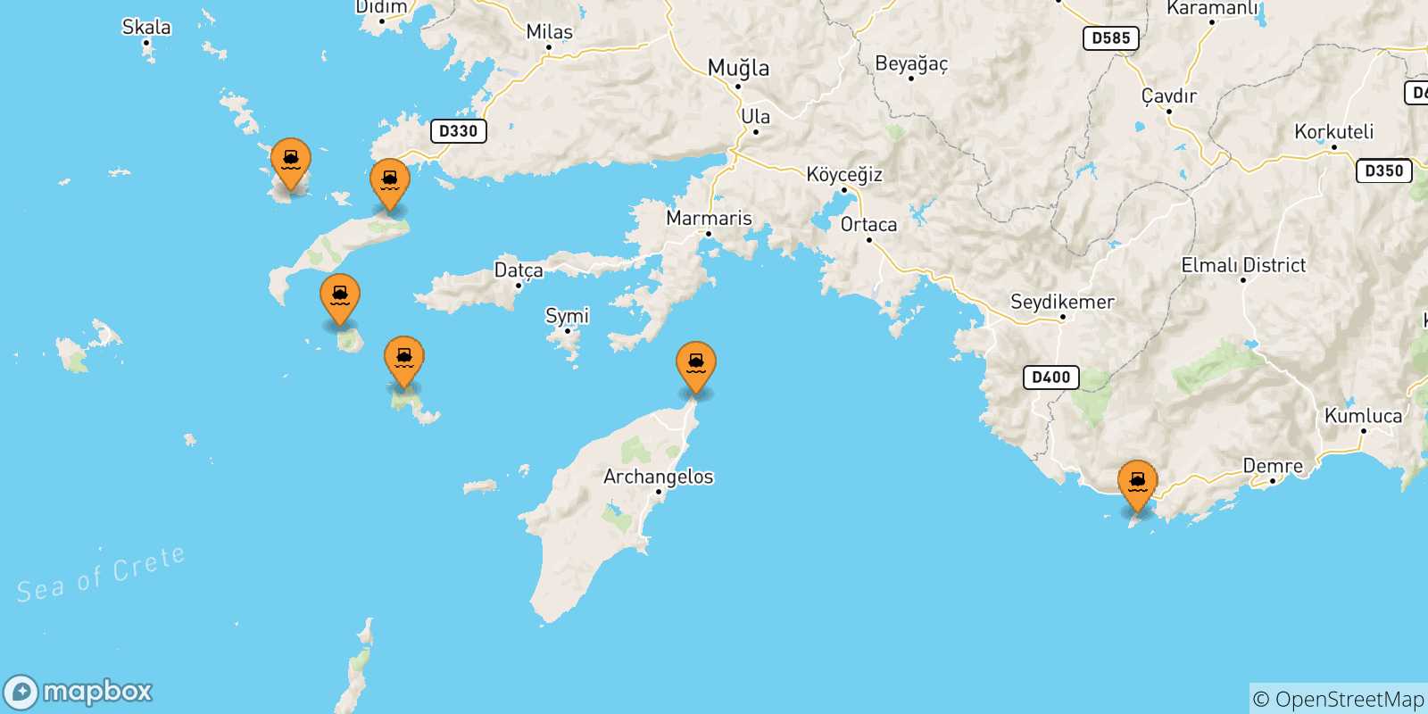 Mapa de las posibles rutas entre Dodecaneso y  Astipalea