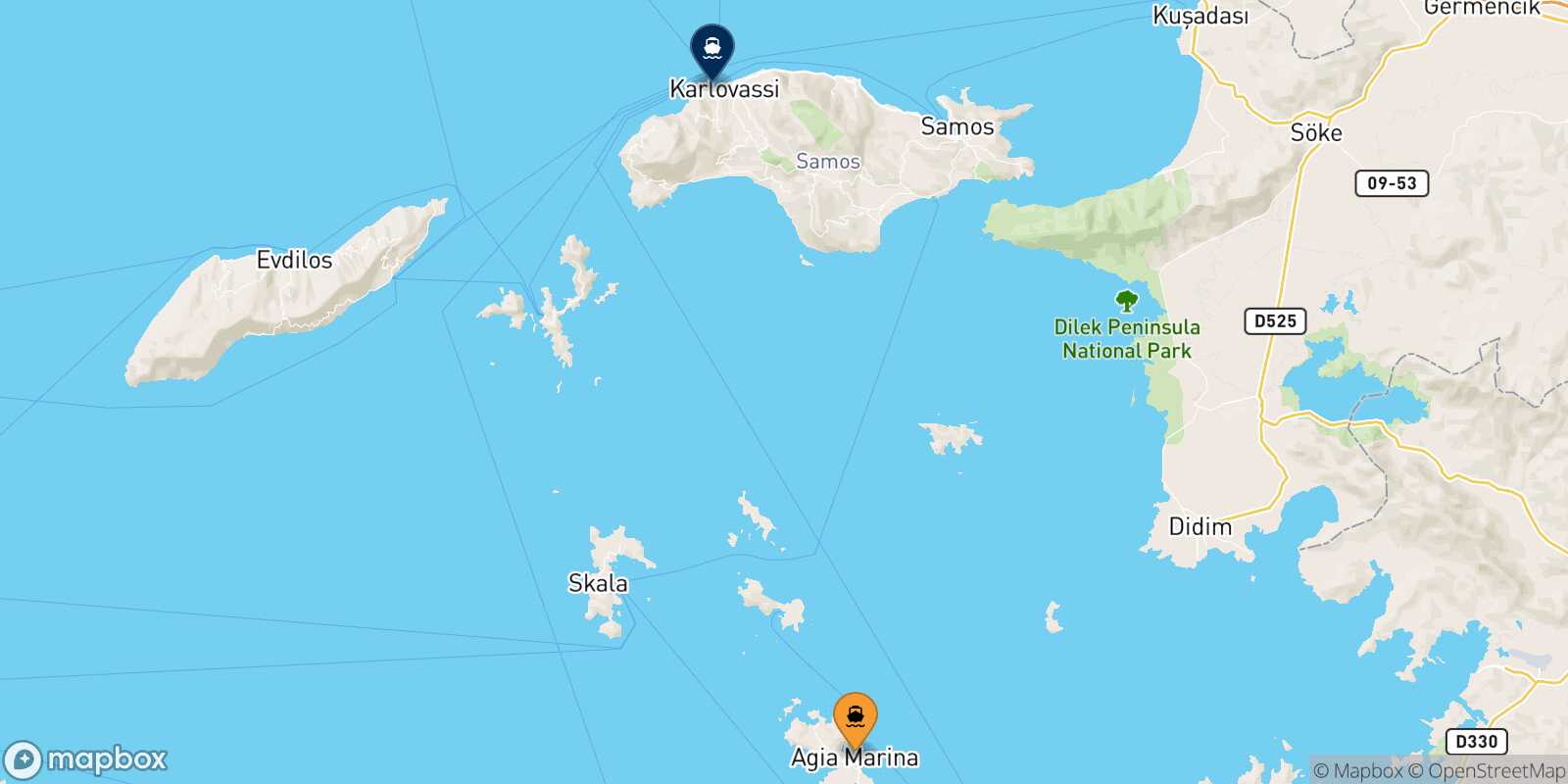 Mapa de la ruta Agia Marina (Leros) Pythagorio (Samos)