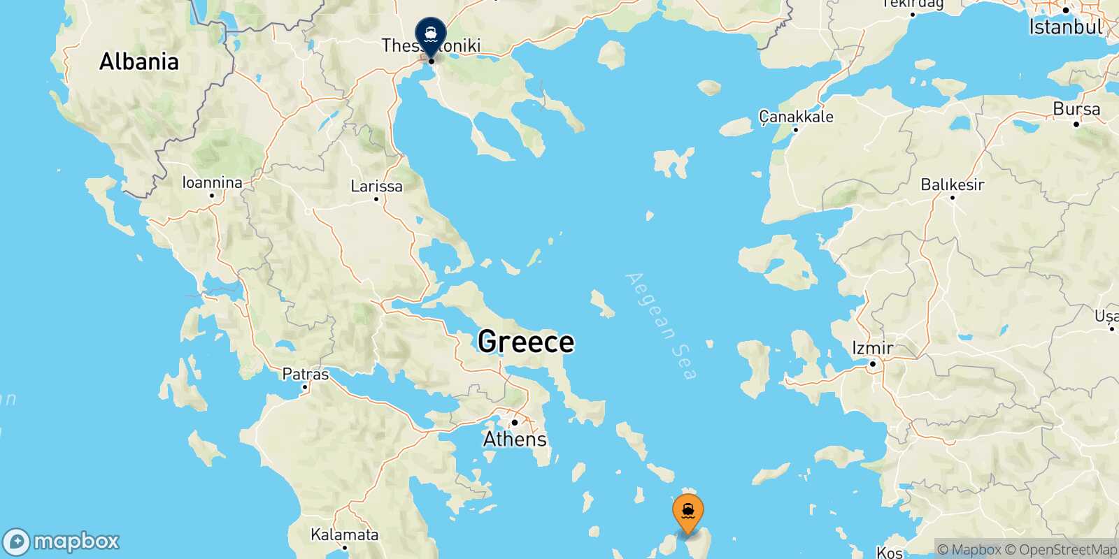 Mapa de la ruta Naxos Salónica