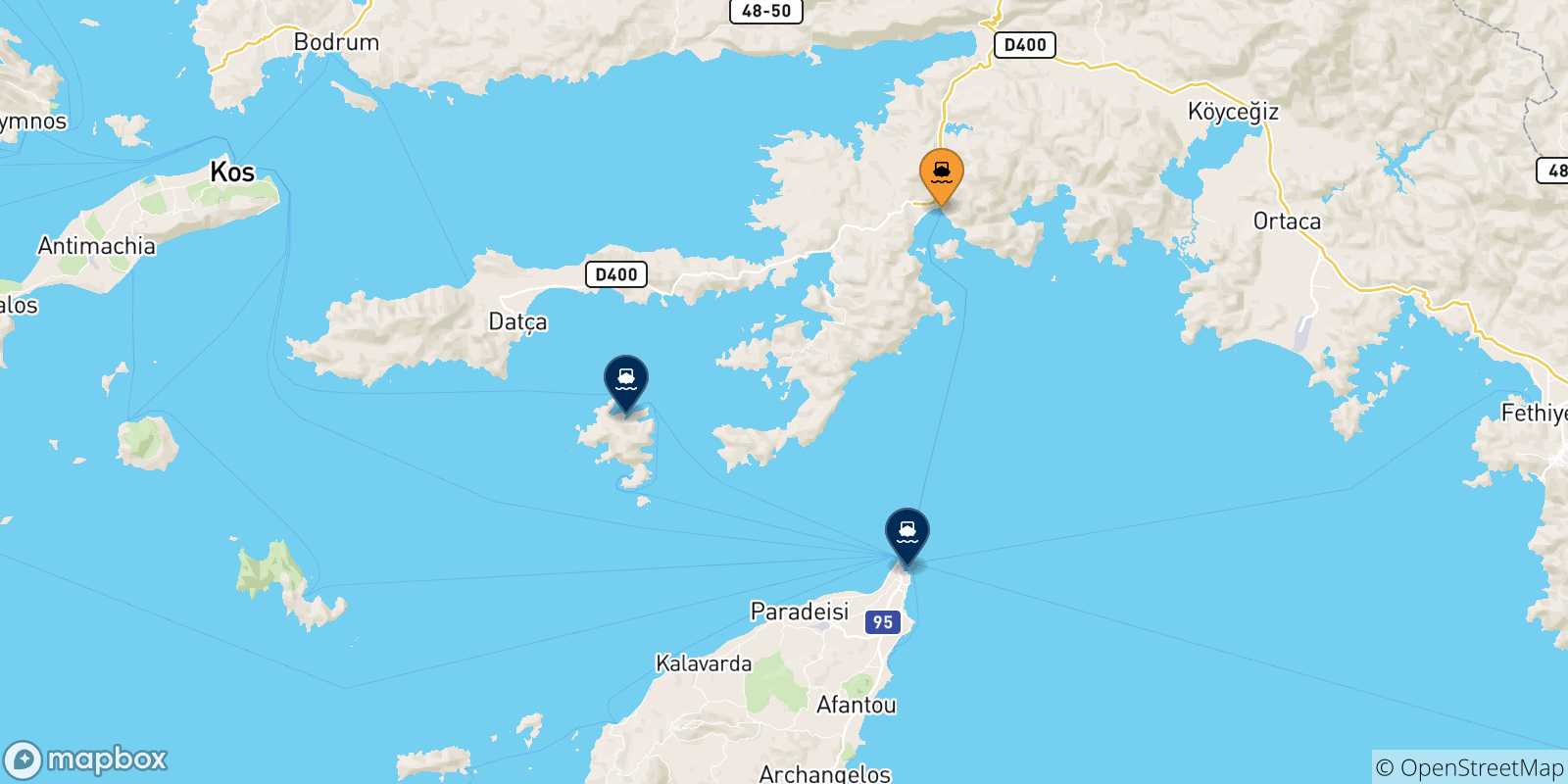 Mapa de las posibles rutas entre Marmaris y  Grecia