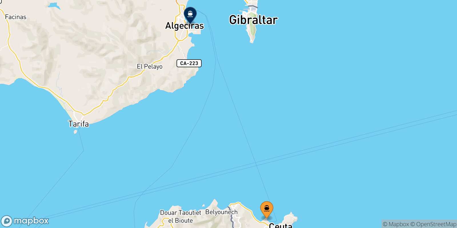 Mapa de los destinos alcanzables de Ceuta