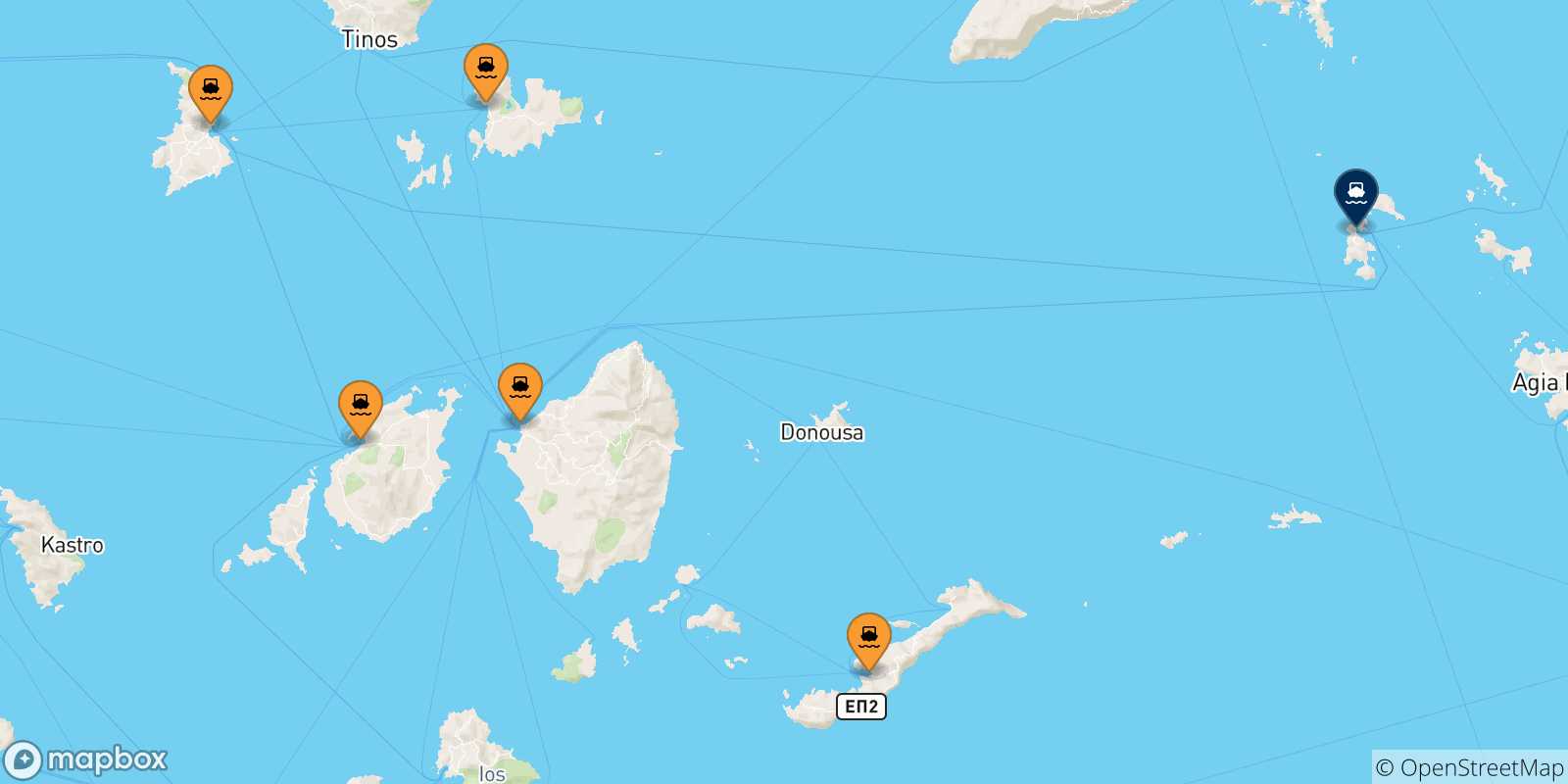 Mapa de las posibles rutas entre Las Cicladas y  Patmos