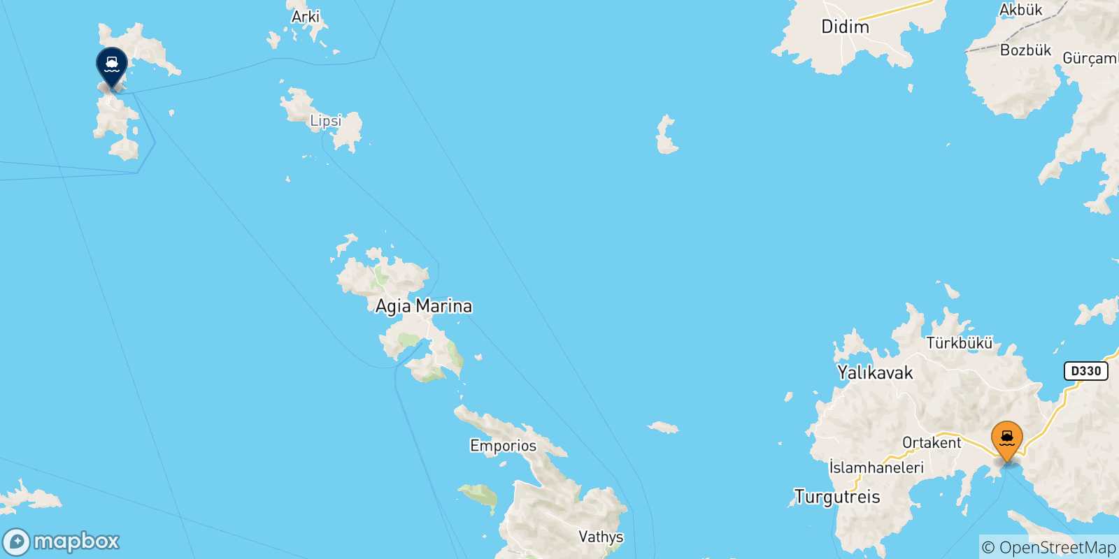 Mapa de las posibles rutas entre Turquía y  Patmos