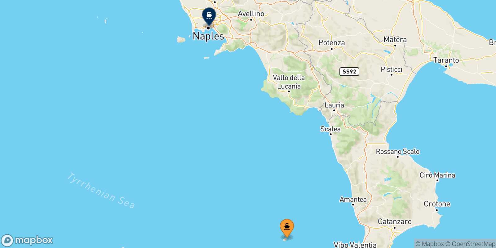 Mapa de la ruta Stromboli Nápoles