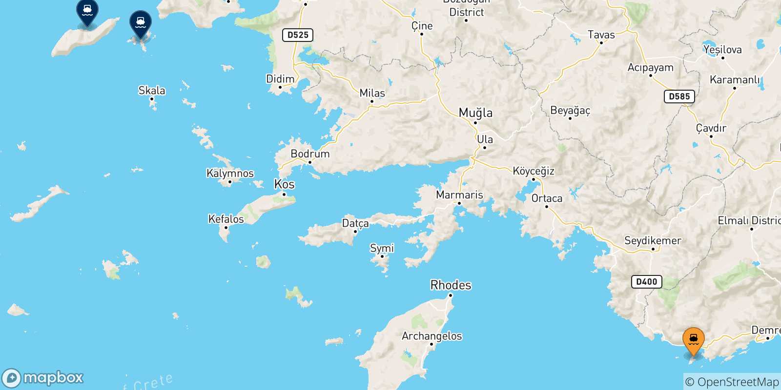Mapa de las posibles rutas entre Kastelorizo y  Islas Del Egeo