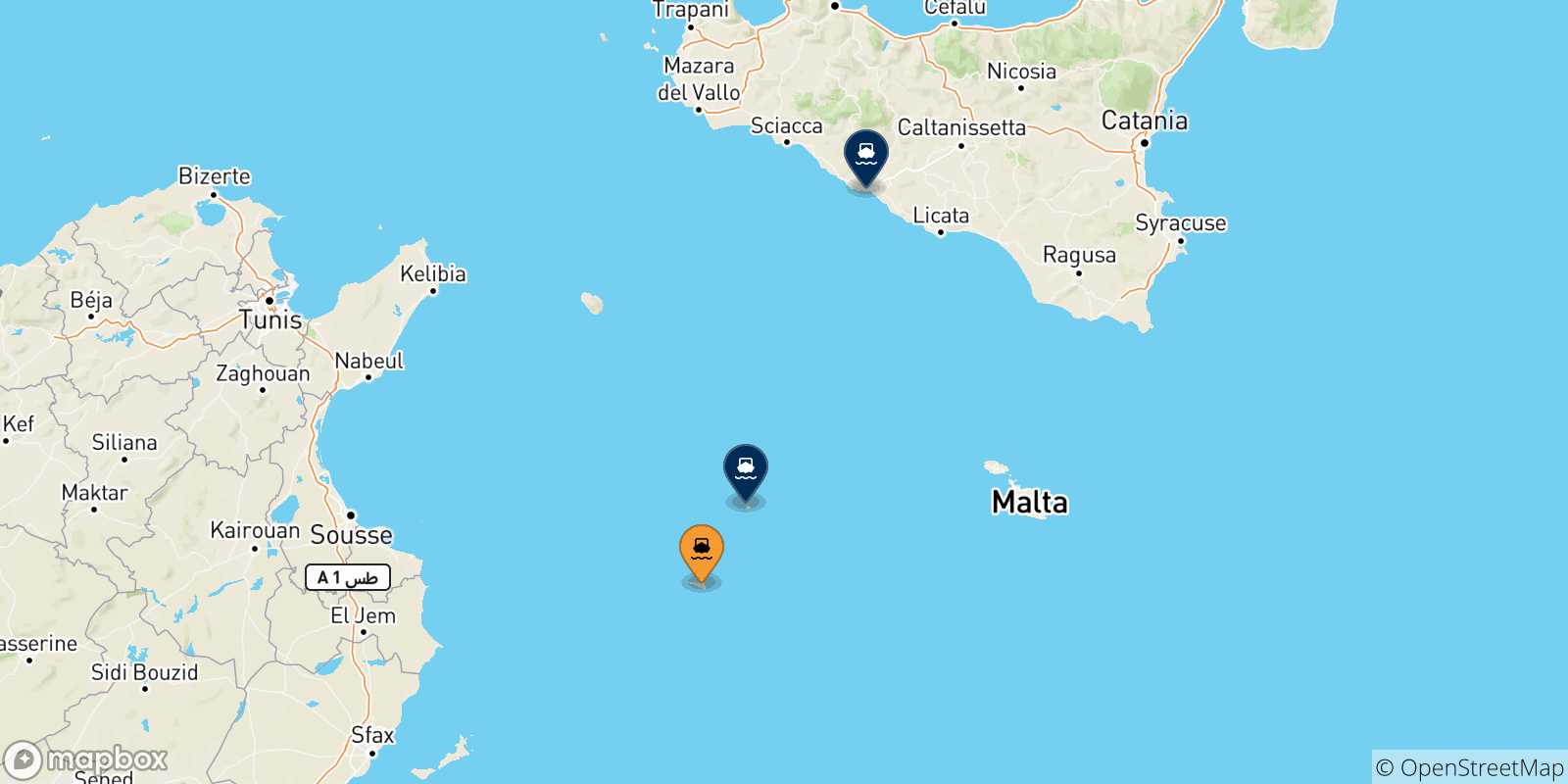 Mapa de las posibles rutas entre Lampedusa y  Italia