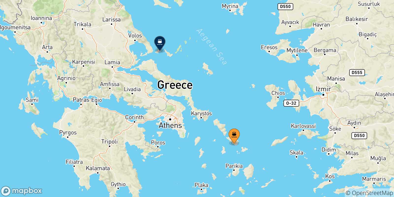 Mapa de las posibles rutas entre Tinos y  Islas Espóradas