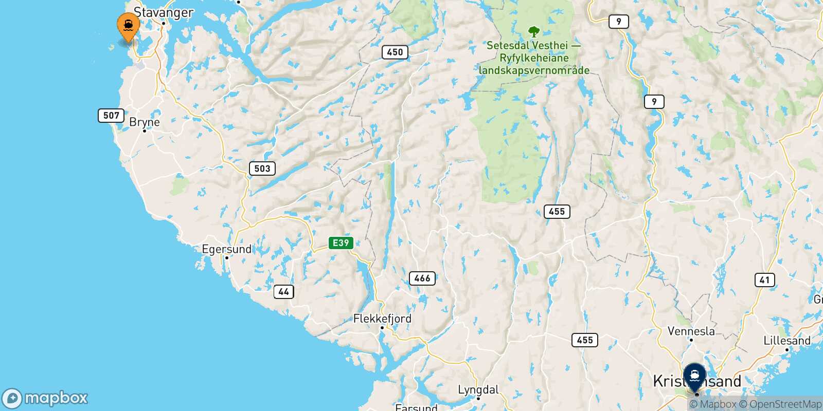 Mapa de la ruta Stavanger Kristiansand
