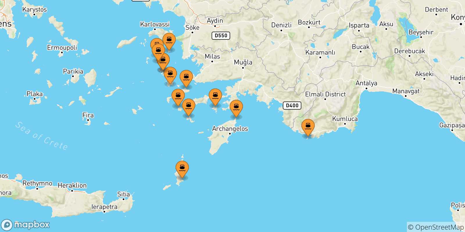 Mapa de las posibles rutas entre Dodecaneso y  Patmos