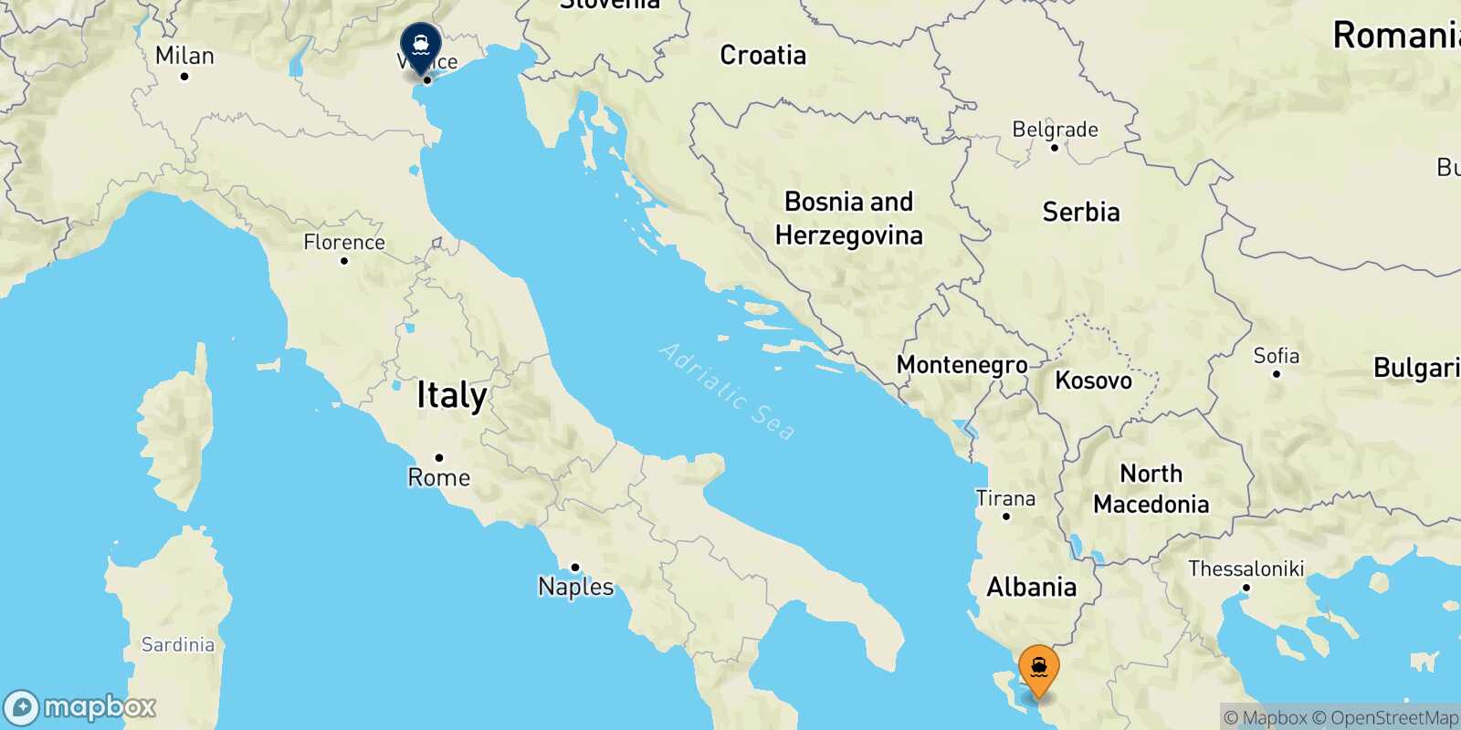 Mapa de la ruta Igoumenitsa Venecia
