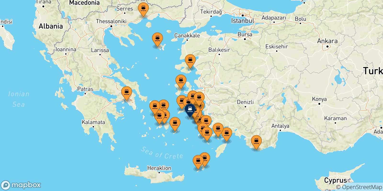 Mapa de las posibles rutas entre Grecia y  Patmos
