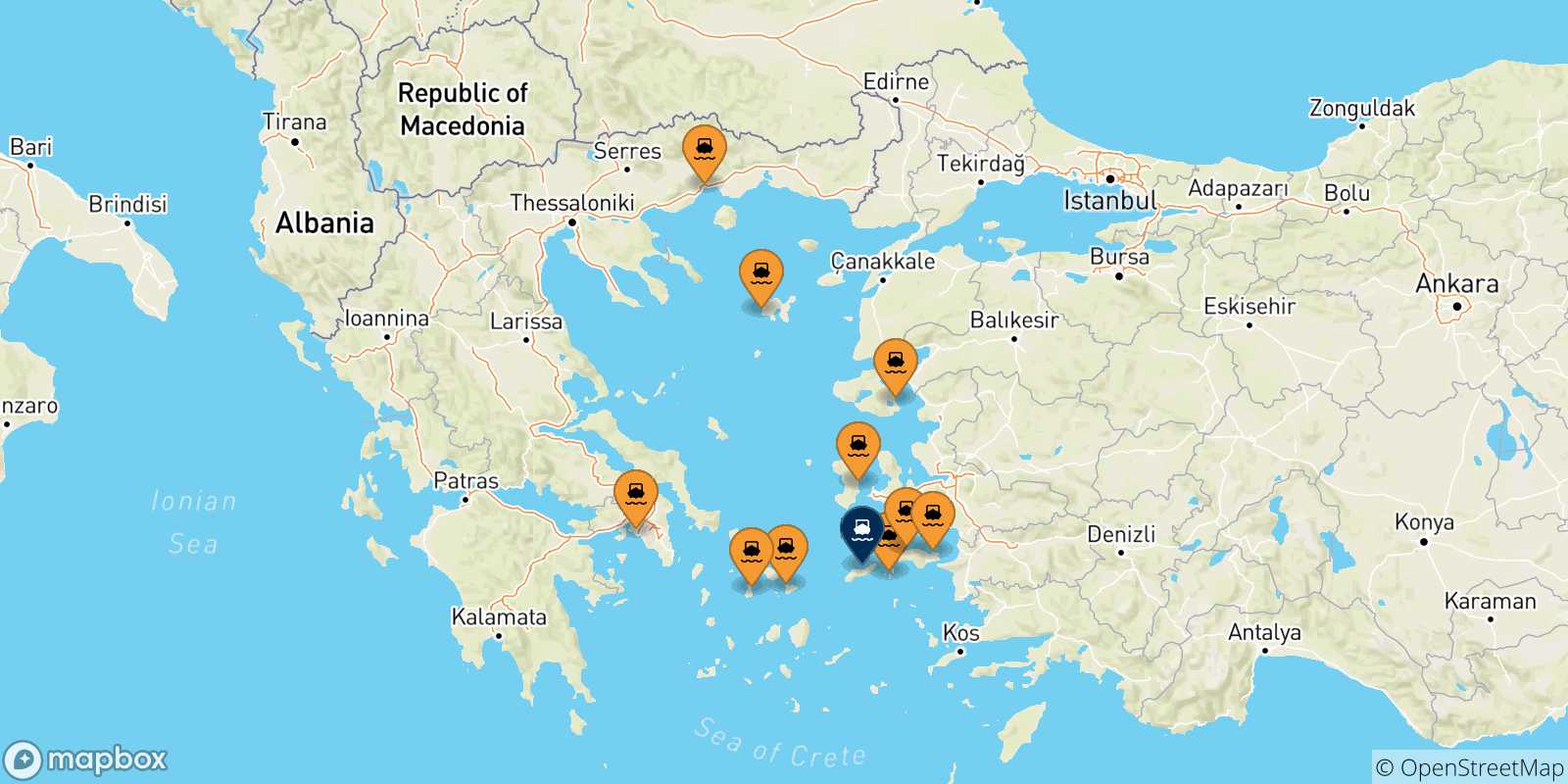 Mapa de las posibles rutas entre Grecia y  Evdilos (Ikaria)