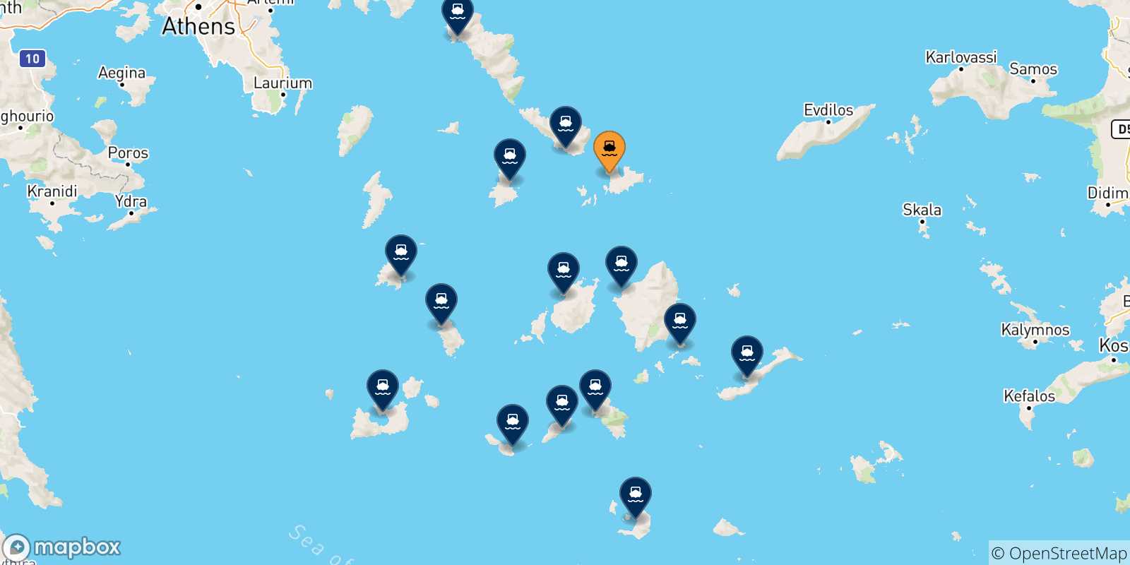 Mapa de las posibles rutas entre Mykonos y  Las Cicladas