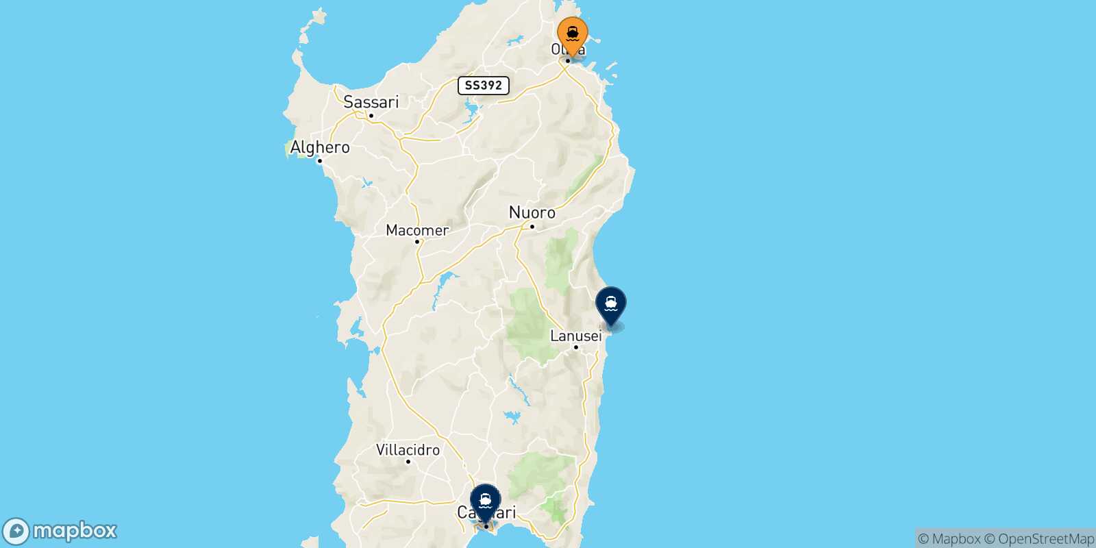 Mapa de los destinos alcanzables de Olbia