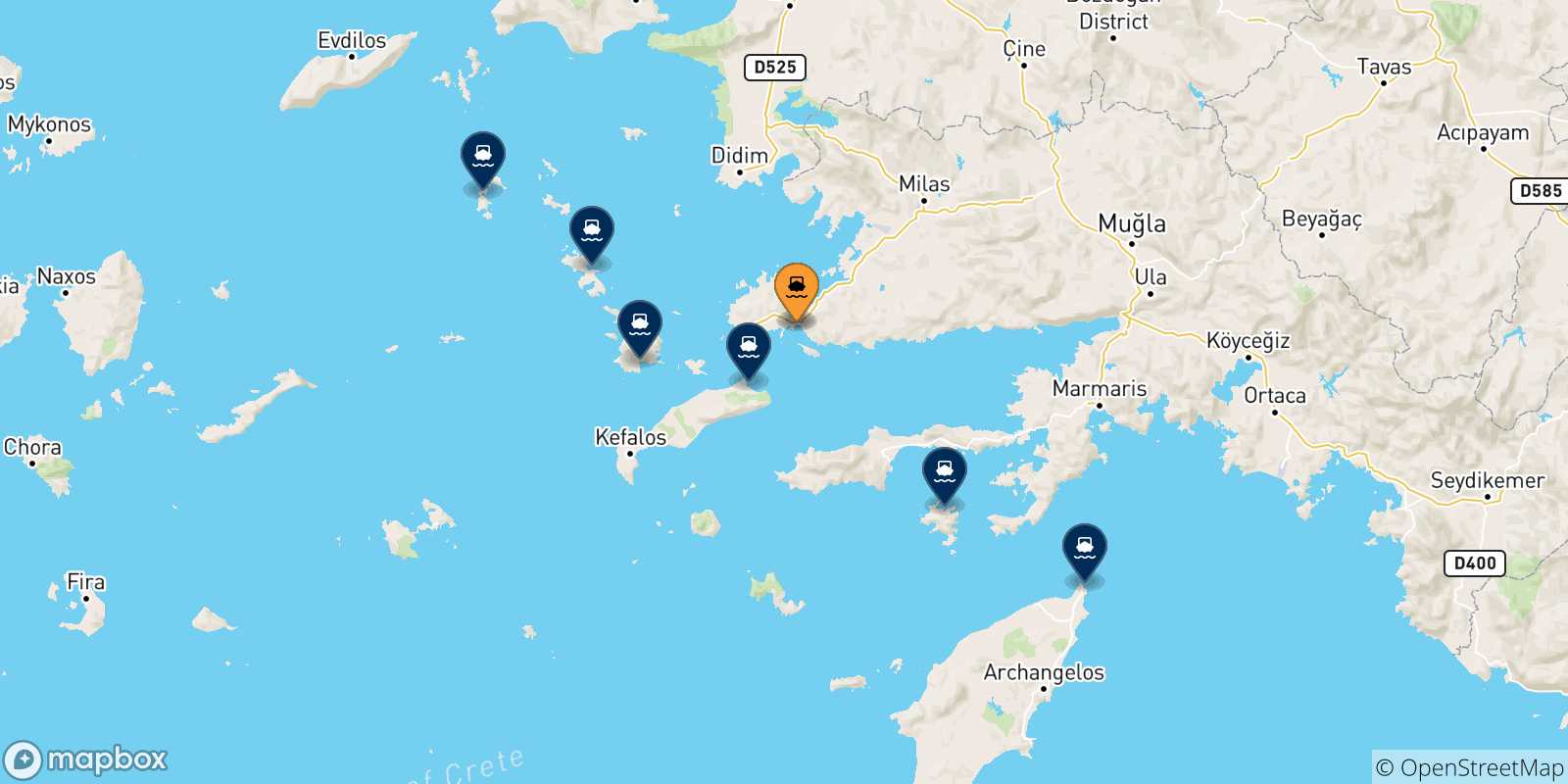 Mapa de las posibles rutas entre Turquía y  Dodecaneso
