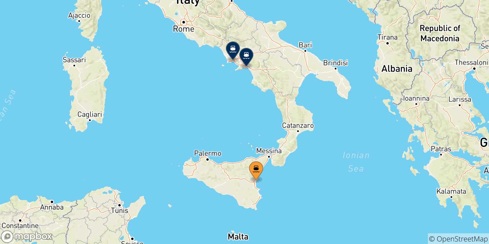 Mapa de las posibles rutas entre Catania y  Italia