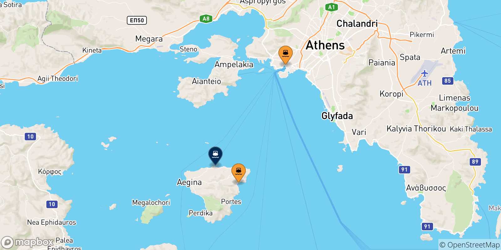 Mapa de las posibles rutas entre Grecia y  Souvala (Aegina)