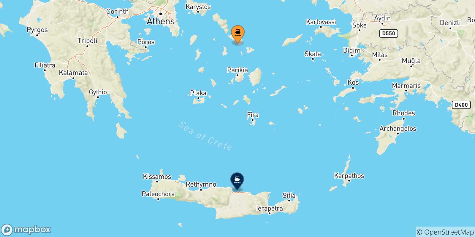 Mapa de las posibles rutas entre Tinos y  Creta