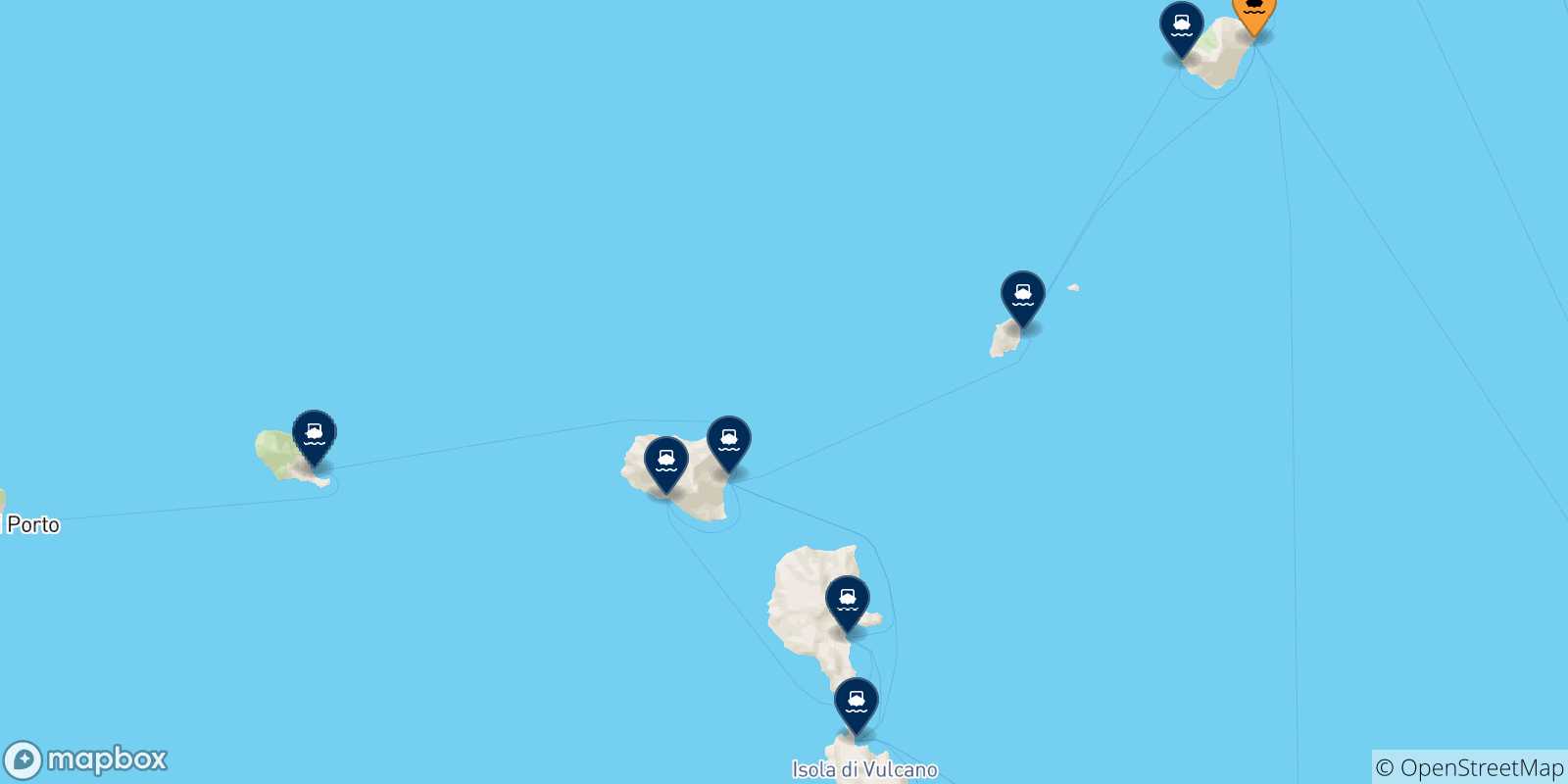 Mapa de las posibles rutas entre Stromboli y  Islas Eólicas