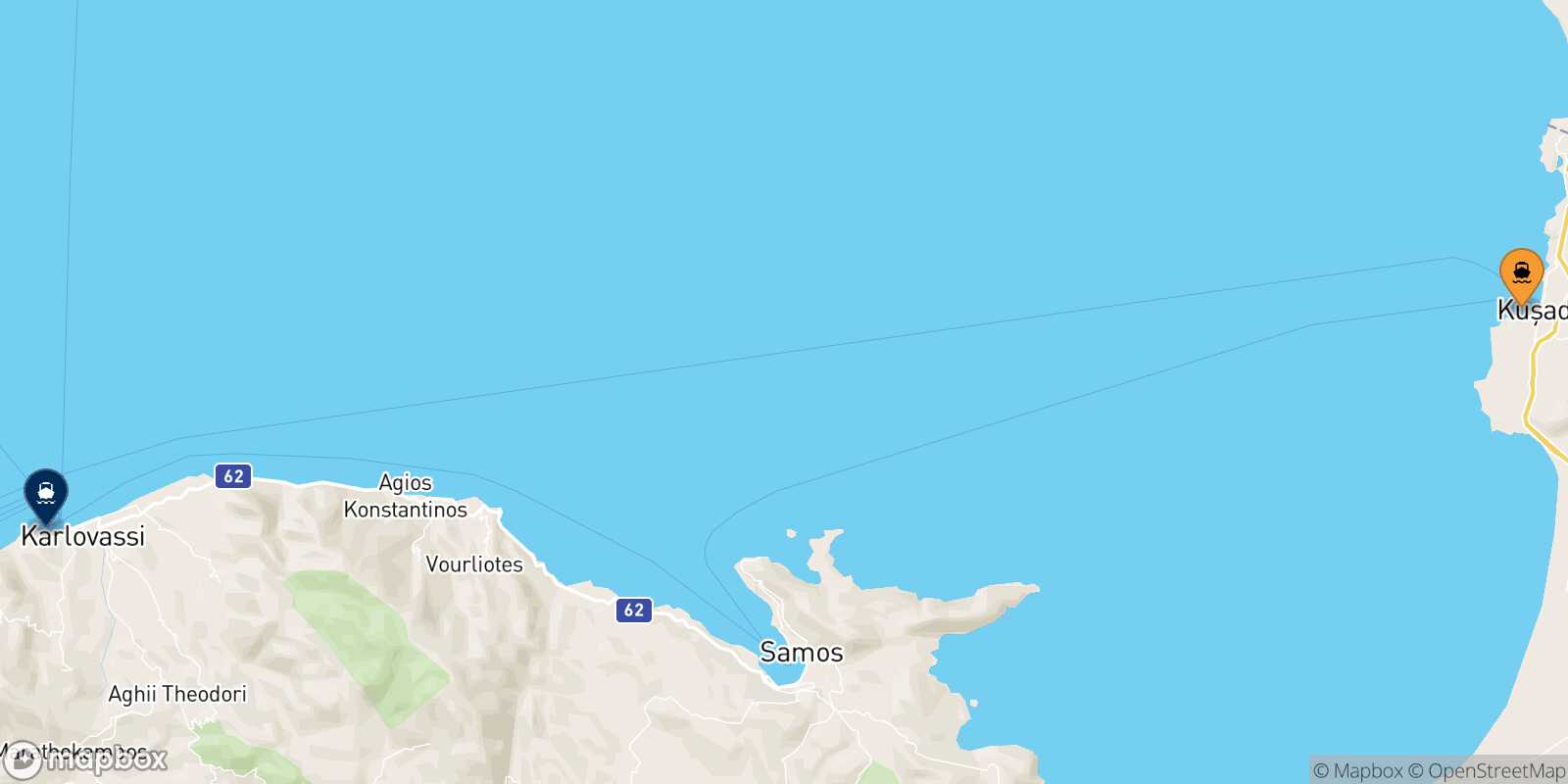 Mapa de la ruta Kusadasi Pythagorio (Samos)